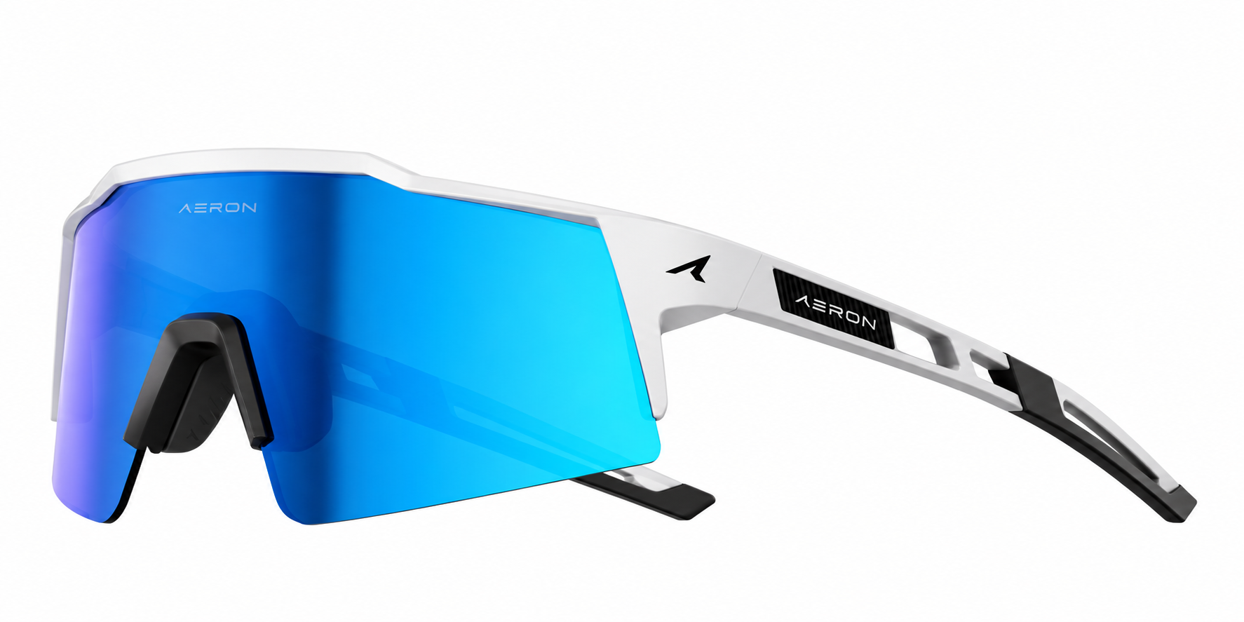 White AERON VELO frame with a blue mirrored lens