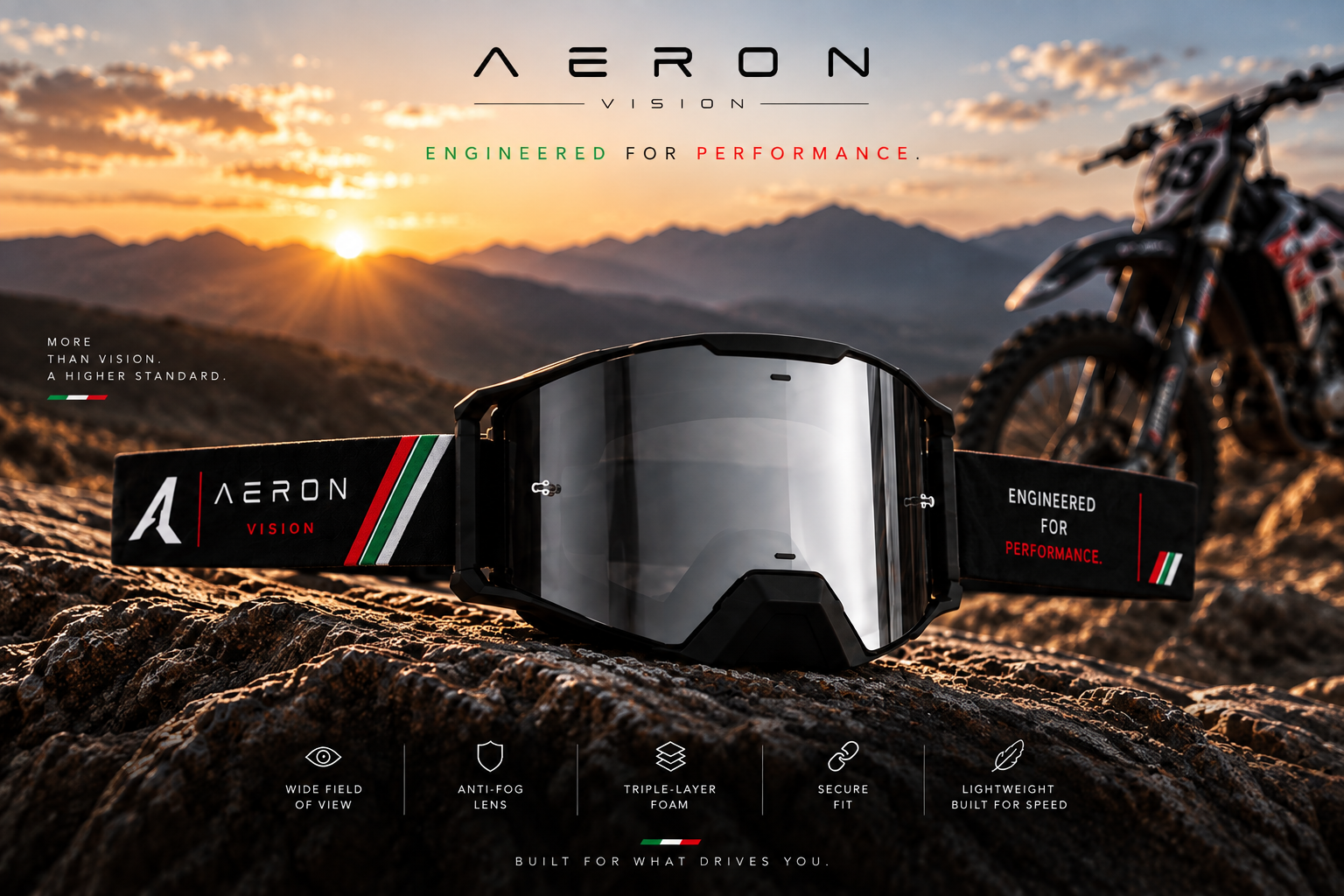 Black AERON MX PRO goggles on rocks beside a motocross bike at sunset