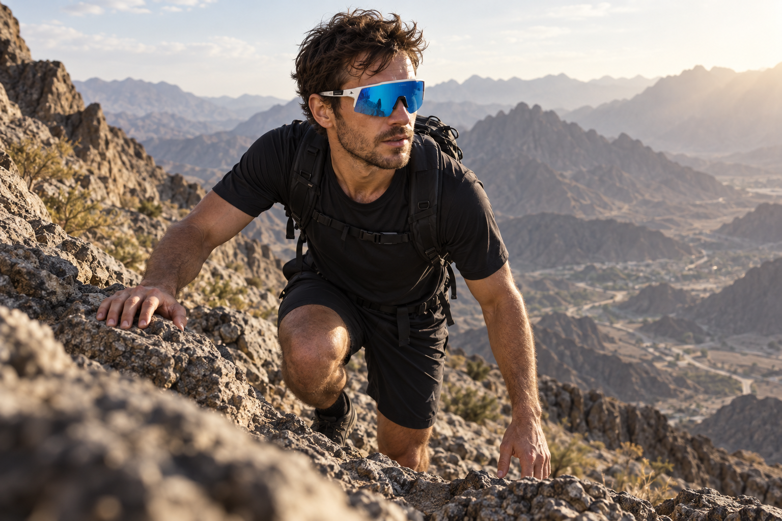 Hiker wearing AERON eyewear on a rocky mountain trail