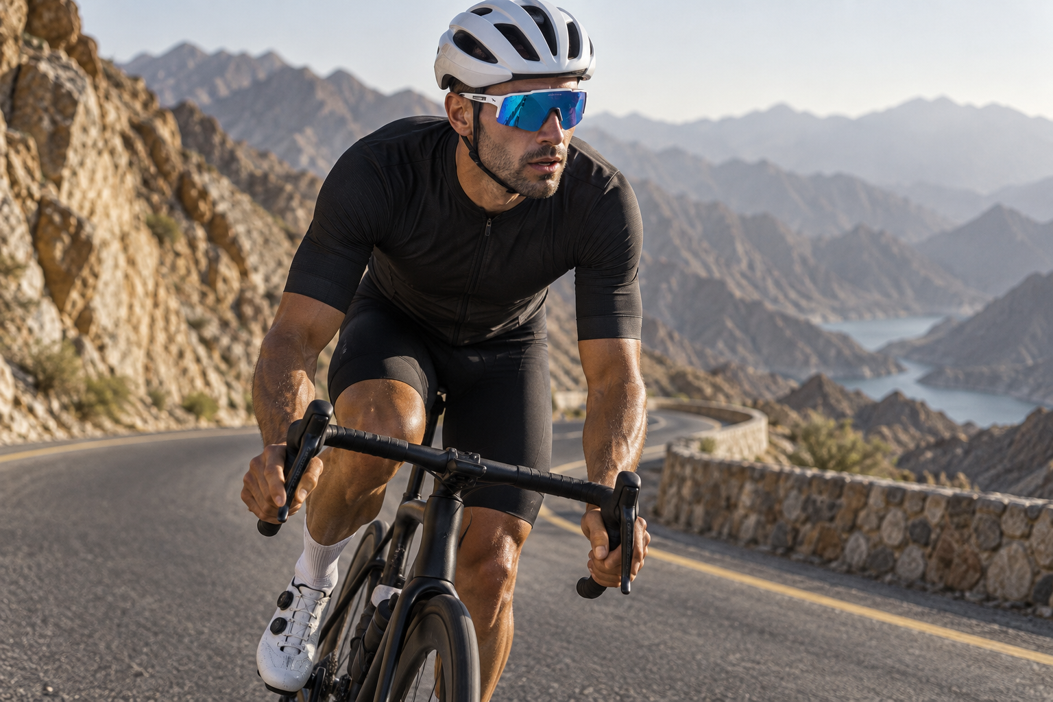 Road cyclist wearing AERON eyewear on a mountain road