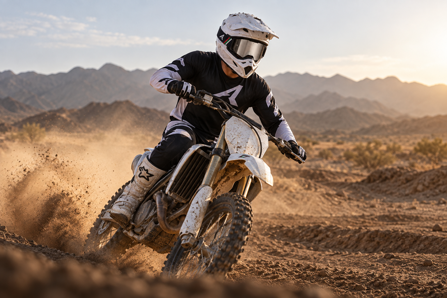 Motocross rider wearing a full-face helmet and AERON goggles on a desert track