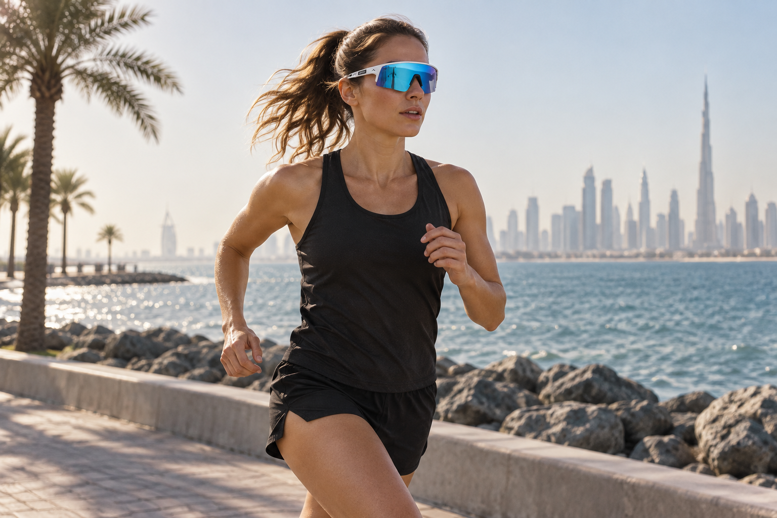 Runner wearing AERON eyewear on a coastal promenade